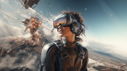 Fototapeta na wymiar Sci-Fi VR Game: Woman with VR Gear Amidst Floating City Ruins