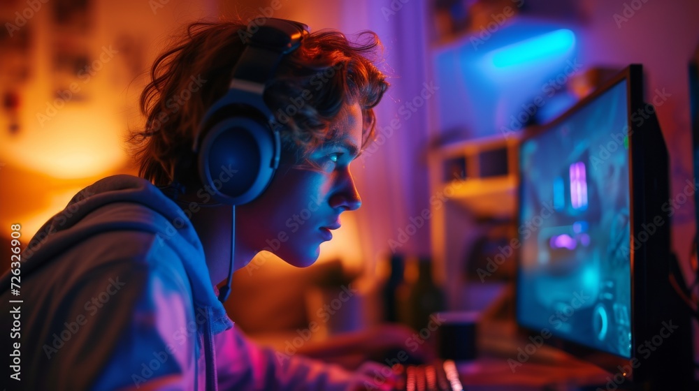 Poster Lost in their own world, a person immersed in music gazes intently at the computer screen while wearing headphones and dressed in casual clothing, surrounded by various electronic devices in an indoo