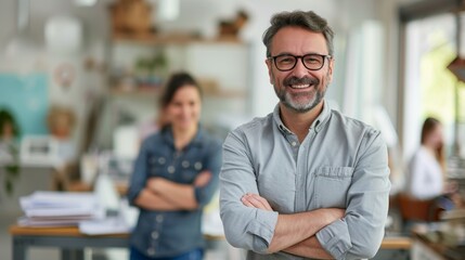 Fototapeta premium A smiling middle-aged man with crossed arms standing confidently in an office setting, perfect for representing leadership, professional services, or team management