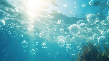 Beautiful air bubbles in underwater sea light rays shine. Tropical background concept. Generative AI - obrazy, fototapety, plakaty