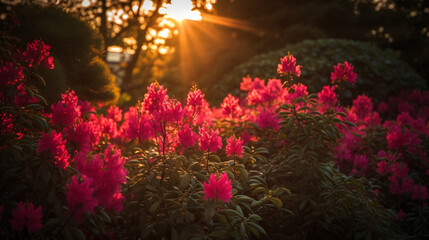Fototapeta na wymiar Fuchsia blooms during a soft sunset glow.