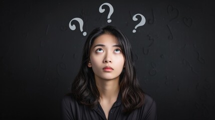 Young woman contemplating with question marks above her head, representing curiosity or confusion in decision making