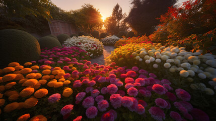 cinematic beauty of a garden filled with Chrysanthemums during sunset