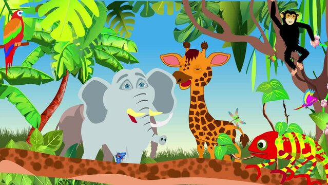 Funny jungle animals cartoon animation giraffe and elephant  monkey elephant chameleon