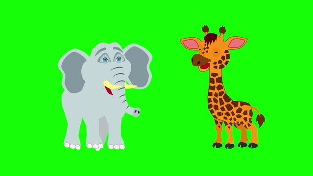  funny cartoon giraffe and elephant animation green background