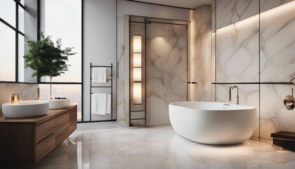 Fototapeta na wymiar minimalist bathroom design in white marble, warm spot lights