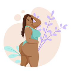 Woman with plus size shape, body positive concept. Woman with a dark tan in swimsuit is not shy about her body. Attractive person in bikini. Flat vector illustration isolated on white background