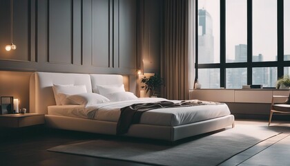 minimalist bedroom design with white sheets and bright colors, hotel concept

