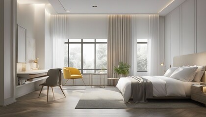 minimalist bedroom design with white sheets and bright colors, hotel concept

