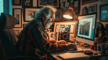 A focused man clad in modern attire sits at his desk, surrounded by a white-walled room adorned with abstract art, intently working on his computer