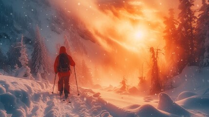Fototapeta premium person in the mountains, skier in snowy mountains, generative ai