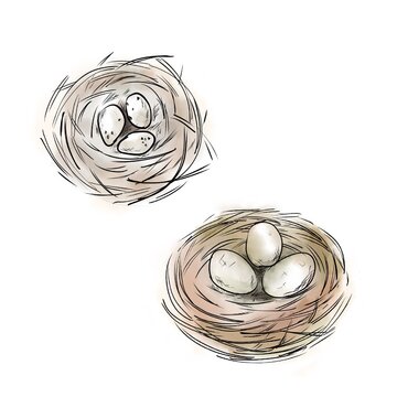 Sketch illustration of bird's nest and eggs