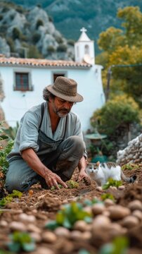 a man working in the fields planting potatoes with a spanish white traditional house behind of him and a cat, generative ai