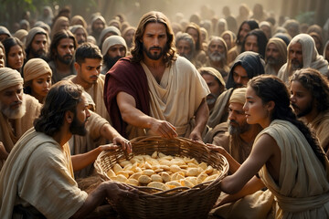 A concept of Jesus miraculously feeding multitudes as in bible - obrazy, fototapety, plakaty