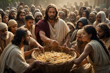 Deurstickers A concept of Jesus miraculously feeding multitudes as in bible © AungThurein