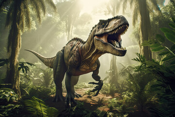Ancient Encounter: Majestic Dinosaur Ruling Over the Dense Jungle