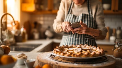 A person clad in casual clothing indulges in a quick snack, captured in a moment of food processing as they hold a phone in front of a delectable pie on the kitchen table against a wall - obrazy, fototapety, plakaty
