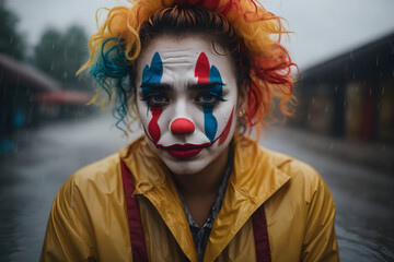 A close up of a sad, depressed and upset clown with an isolated background