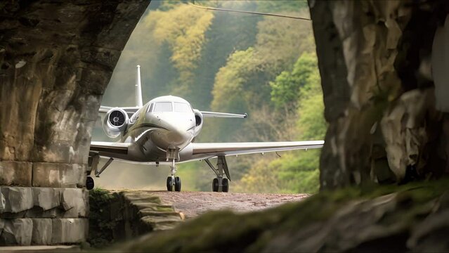The sleek lines of a modern private jet provide a striking contrast to the weathered stones and timbers of an ancient bridge, steeped in centuries of history.