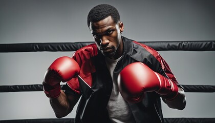 portrait of African American boxer with aggressive look and red gloves, isolated white background
