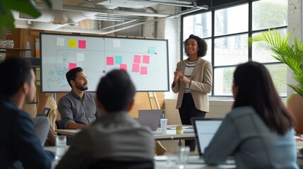 Professional woman presenting at a business workshop, engaging team members in a bright office setting