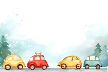 Cute cartoon car frame border on background in watercolor style.