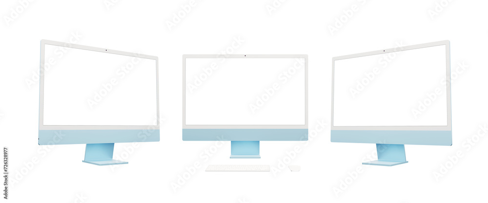 Poster Transparent blue computer display presented in three angles: left, front, right. Isolated screen and background, perfect for mockup and web page presentations, showcasing versatility in design