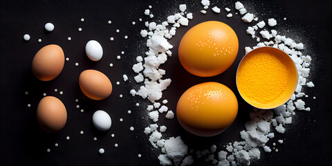 Chicken eggs and egg yolk,top view.. Generative AI.