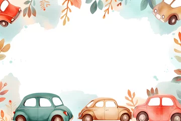 Poster Cute cartoon car frame border on background in watercolor style. © Pacharee