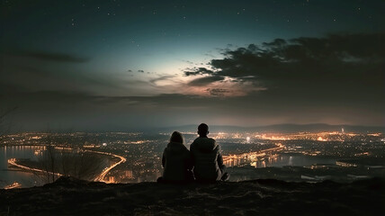 Rear view of a silhouette of a couple sitting on the top of a hill and watching the night city skyline below, under a dark cloudy, starry sky. 