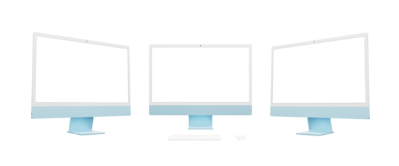 Transparent blue computer display presented in three angles: left, front, right. Isolated screen and background, perfect for mockup and web page presentations, showcasing versatility in design