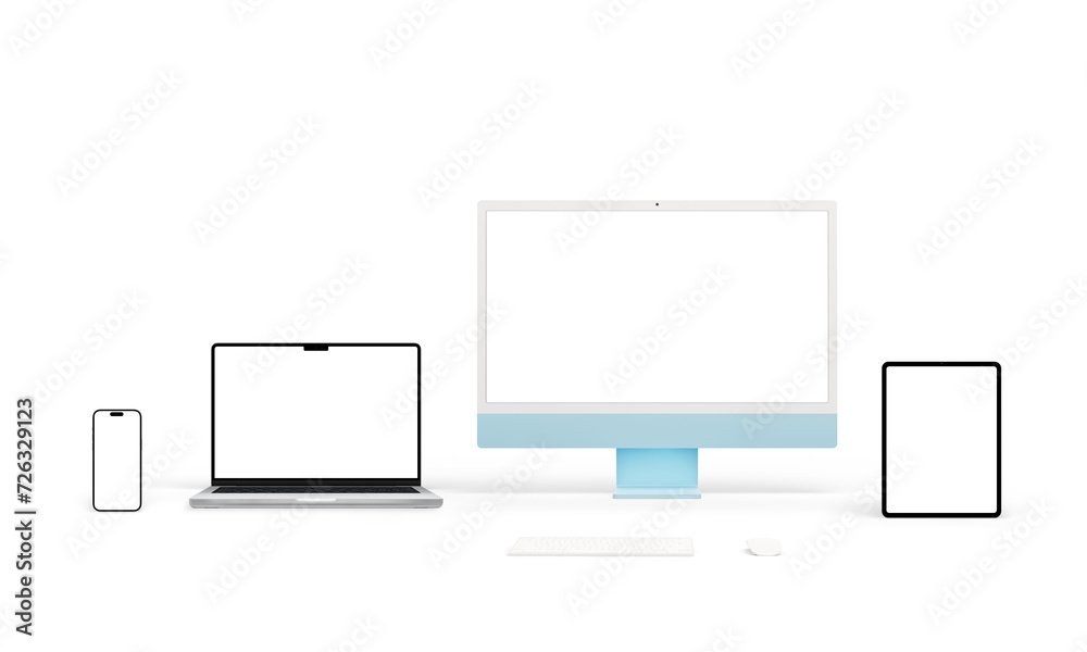 Aufkleber Modern computer devices with varied screen resolutions for app or web page presentations. Isolated screens for mockup designs. Includes blue computer display, laptop, tablet, and smartphone