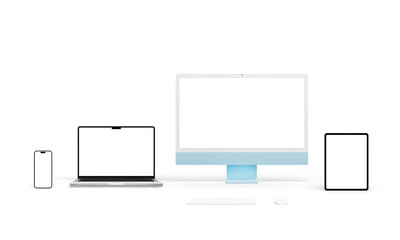 Modern computer devices with varied screen resolutions for app or web page presentations. Isolated screens for mockup designs. Includes blue computer display, laptop, tablet, and smartphone