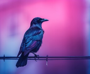 Creative concept made of a black crow stands on a power line wire against moody purple background