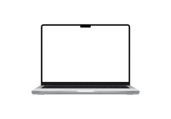 Modern laptop with a notch display, featuring a built-in camera. Transparent isolated screen and background for customizable mockups, showcasing contemporary technology and design innovation