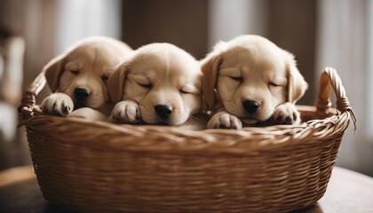 puppies sleeping in a basket, blurry background, warm lights.
 - obrazy, fototapety, plakaty
