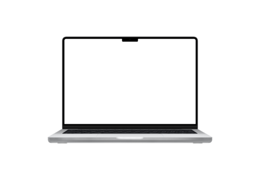 Modern laptop with a notch display, featuring a built-in camera. Transparent isolated screen and background for customizable mockups, showcasing contemporary technology and design innovation - Powered by Adobe