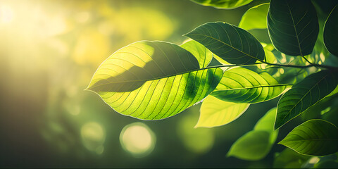 Fototapeta na wymiar Close up of nature view green leaf on blurred greenery background under sunlight with bokeh and copy space using as background natural plants landscape, ecology wallpaper or cover conc. Generative AI.