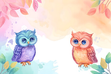 Fototapeta premium Cute cartoon owl frame border on background in watercolor style.