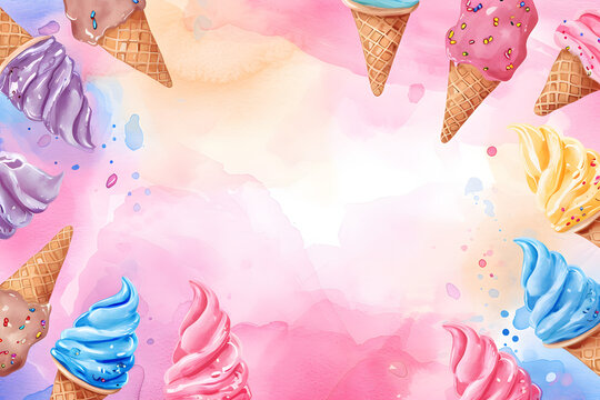 Cute cartoon ice cream frame border on background in watercolor style.