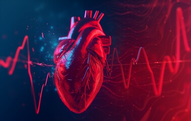 Human heart with red cardio pulse line.  - obrazy, fototapety, plakaty