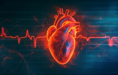 Human heart with red cardio pulse line. 