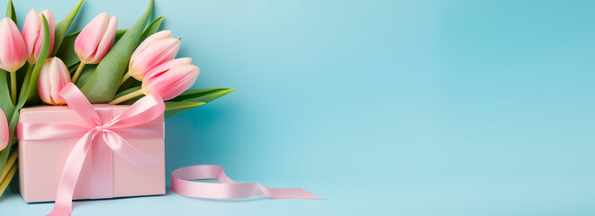 Obraz premium Soft pink tulips and pink gift box with a bow on a blue background. Bouquet of tulips as a gift, copy space. Mother's Day and Spring concept