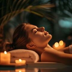 Obraz na płótnie Canvas Portrait of young woman at spa in dark light with candles and lights , massage and relax concept 