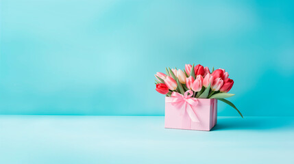 Soft pink tulips in a pink gift box with a bow on a blue background. Bouquet of tulips as a gift, copy space. Mother's Day and Spring concept