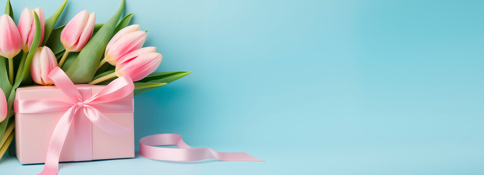 Soft pink tulips and pink gift box with a bow on a blue background. Bouquet of tulips as a gift, copy space. Mother's Day and Spring concept