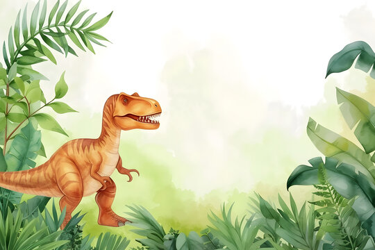 Cute cartoon dinosaur frame border on background in watercolor style.
