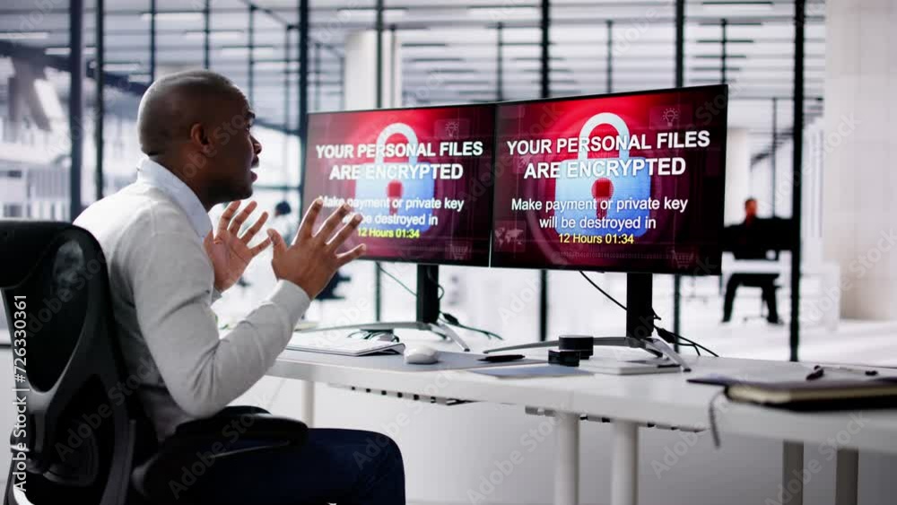 Poster Ransomware Malware Attack. Hacked Business Computer