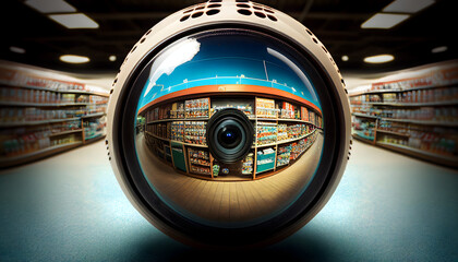 Close-up of a security camera's lens reflecting panorama of supermarket. Generative AI.