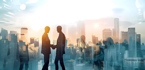 Silhouettes of a business partnership, portrayed with a double exposure style. Business people were forming a handshake silhouette against the backdrop of a city scene.  - obrazy, fototapety, plakaty